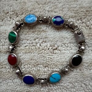 STERLING SILVER VINTAGE MEXICO 925 MULTI GEMSTONE RAIN DROP BRACELET 7"